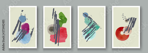 Creative minimalist hand painted abstract artistic background set. Painting ink brush geometric texture shape, doodle object, stain Artwork for wall decoration, poster, banner, postcard design. Vector