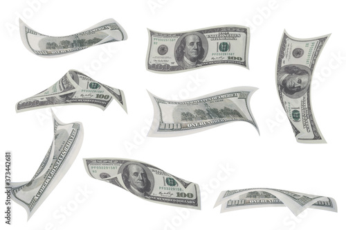Falling dollar banknote isloated on white backgound clipping path including.  Success profit, jackpot.