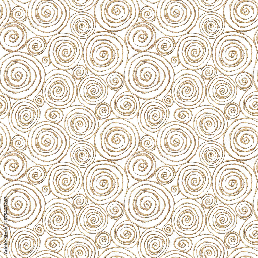 Abstract seamless pattern with 3d golden glittering acrylic paint round spiral circles on white background Abstract seamless pattern with 3d golden glittering acrylic paint round spiral circles on white background