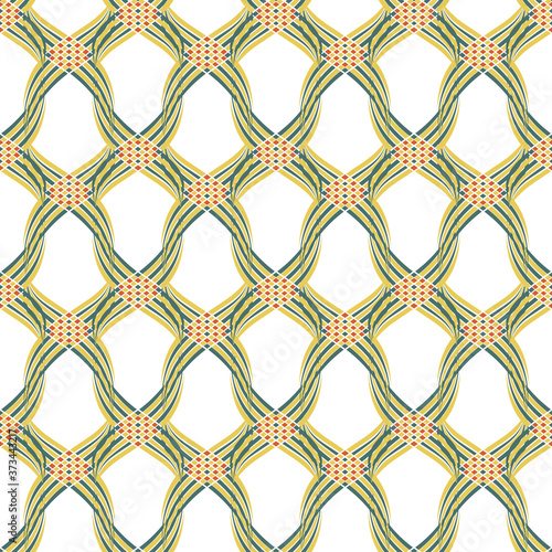 Vector braid effect damask weave seamless pattern background. Backdrop of woven celtic style green,yellow, red ribbon plait lattice on white backdrop. Geometric all over print for Irish concept