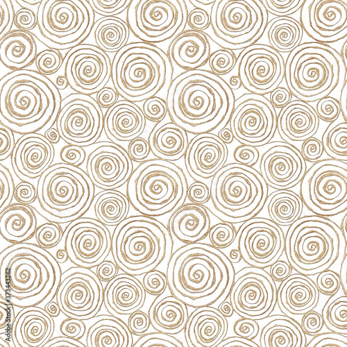 Abstract seamless pattern with 3d golden glittering acrylic paint round spiral circles on white background