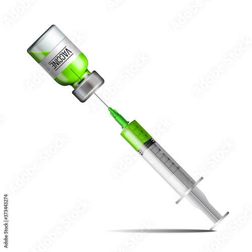 Plastic medical syringe with needle, drop and vial serum against Covid-19.