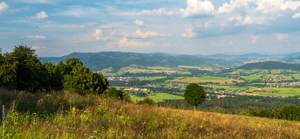 View from Mala Kycera hill in Moravskoslezske Beskydy mountains near Jablunkov town in Czech republic