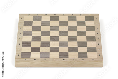 Wooden chess board on white background, front view