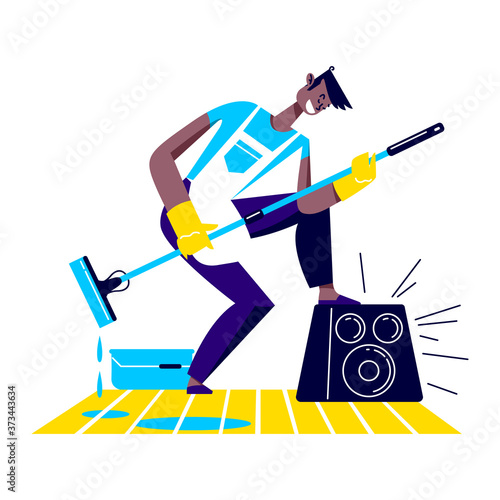 Man dancing while sweeping living room. Cartoon male funny dance while cleaning house