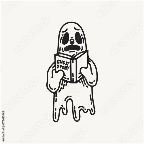 scared halloween ghost reading a scary horror story book. simple black and white vector clip art illustration element for graphic design projects, logo, pattern and poster design