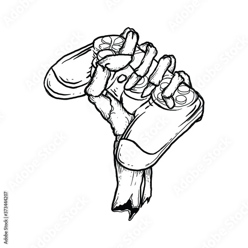 tattoo and t-shirt design black and white hand drawn skeleton hand with controller game premium vector