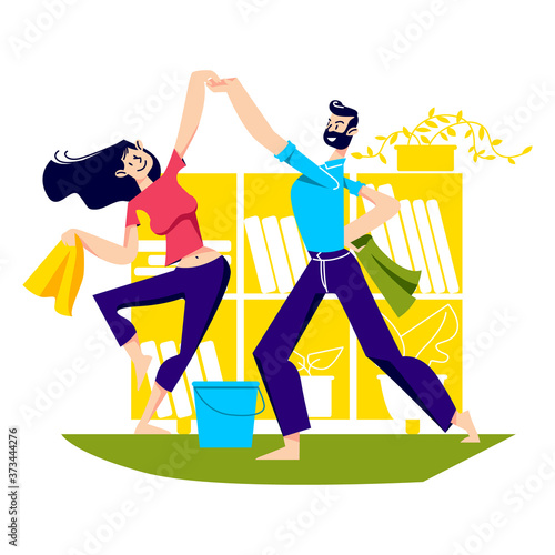 Couple cleaning house and dancing. Funny man and woman have fun doing housework together