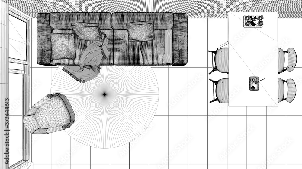 Blueprint project draft, modern living room with sofa, dining table