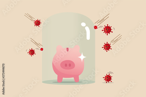 Financial or investment immune to COVID-19 Coronavirus crisis or savings and insurance in pandemic concept, healthy pink piggy bank happy standing in cover glass protect and immune from Coronavirus.