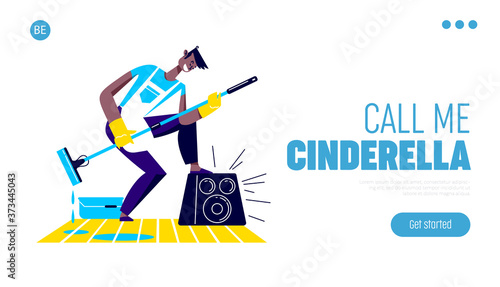 Funny man dancing with broom. Template landing page for joyful housework concept