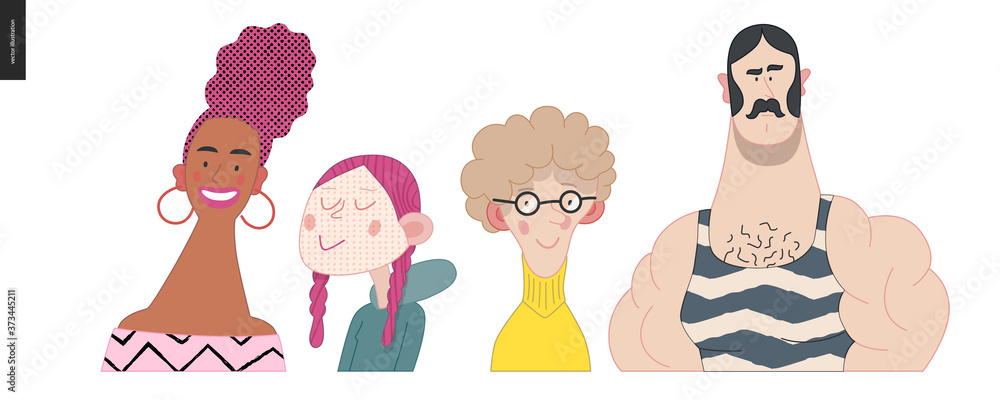 Bright characters portraits set - hand drawn flat style vector design concept illustration of diverse, male and female faces avatars. Flat style vector round icons set Bright characters portraits set - hand drawn flat style vector design concept illustration of diverse, male and female faces avatars. Flat style vector round icons set