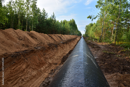 Crude oil and Natural gas pipeline construction work in forest area.  Installation the Petrochemical Pipe. Construction the Pipeline for transport gas to LNG plant photo