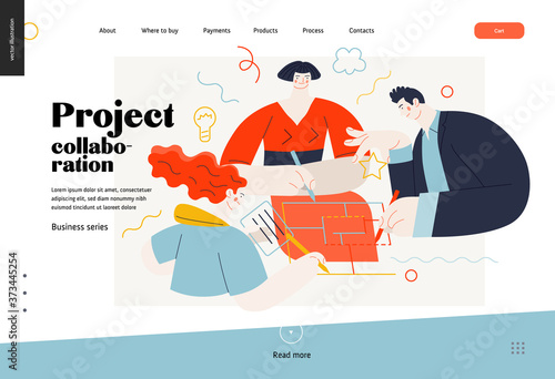 Business topics - project collaboration, web template. Flat style modern outlined vector concept illustration. A group of people working on the project drawing it together. Business metaphor.