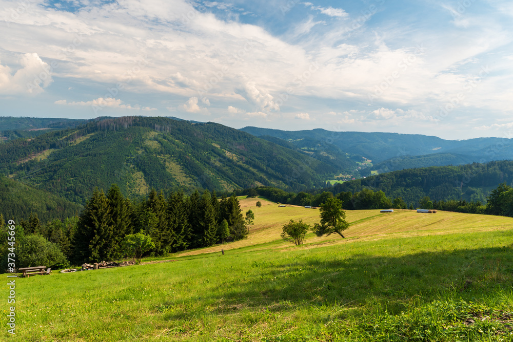 Naklejka premium Beautiful Moravskoslezske Beskydy mountains scenery from Kamenite hut above Horni Lomna village in Czech republic
