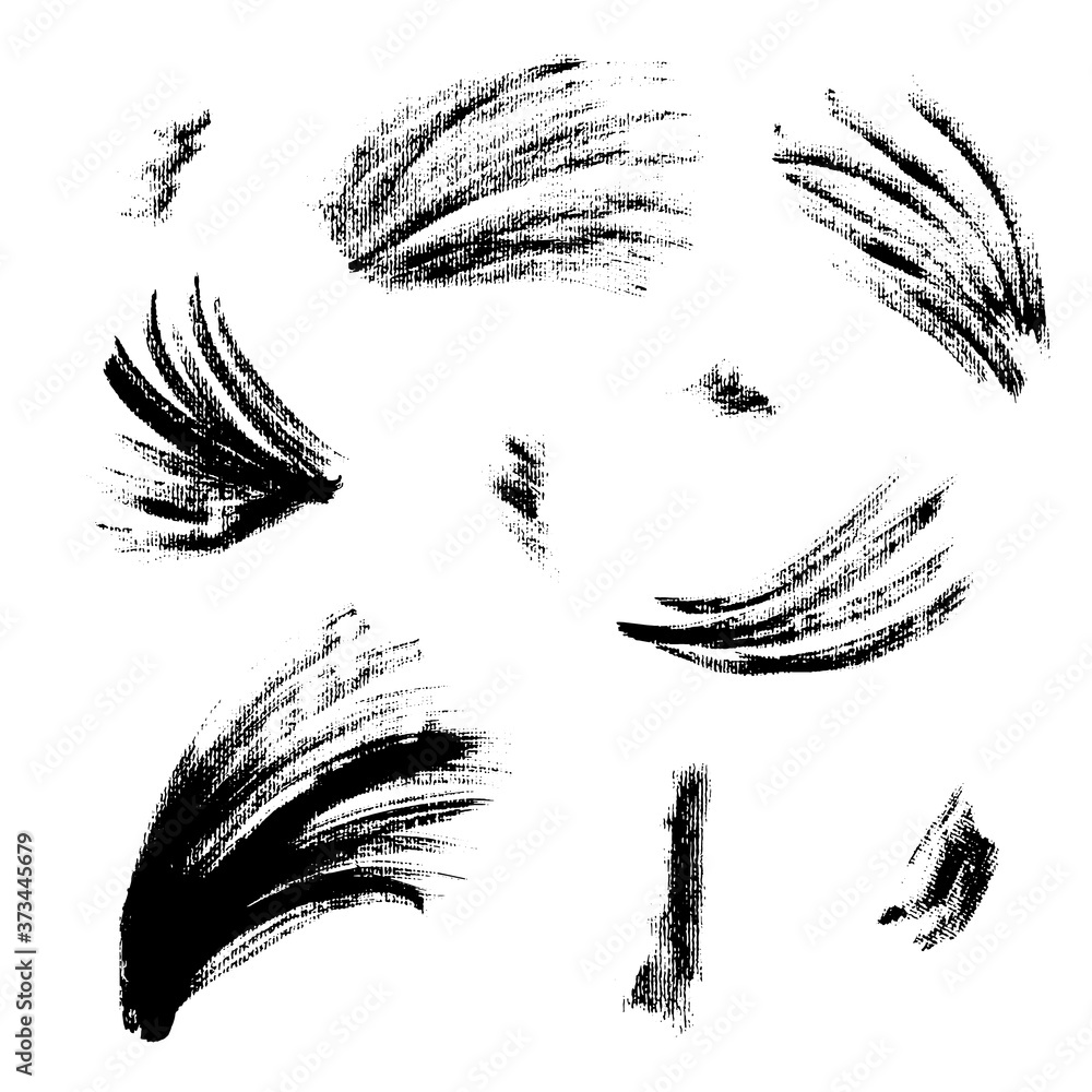 Obraz premium Collection of isolated vector textured black grunge wavy and splash ink brush strokes. Dirty hand drawn inky curve lines and blobs for graphic design, decoration