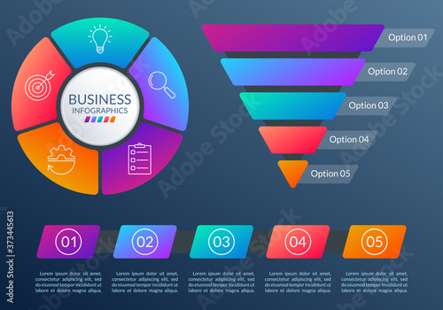 Infographic design elements with circle diagram, Sales and marketing funnel or Business pyramid, Timeline infographics with 5 steps option or levels. Vector illustration.