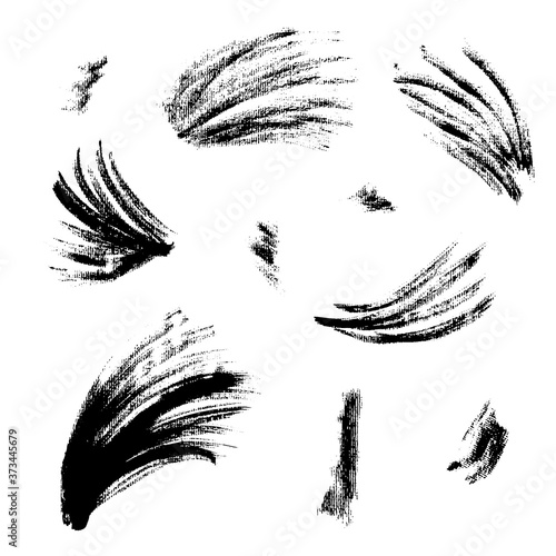 Collection of isolated vector textured black grunge wavy and splash ink brush strokes. Dirty hand drawn inky curve lines and blobs for graphic design, decoration