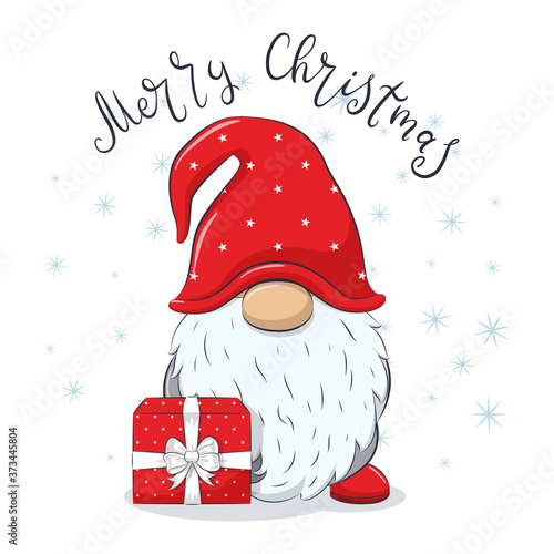 Cute cheerful gnome with phrase "Merry Christmas".