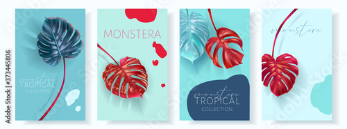 Vector tropical banner set with color monstera leaves on pastel background. Luxury exotic botanical design for cosmetics, wedding invitation, summer banner, perfume, beauty, travel, packaging design
