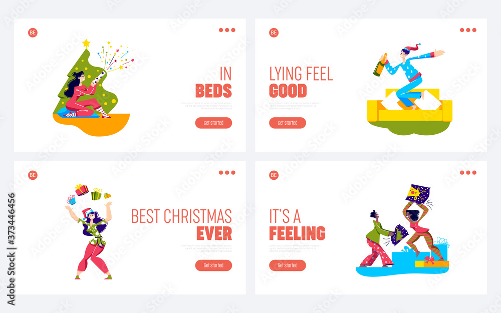 Fototapeta premium Pajama party set of landing pages with cartoon characters stay for sleepover or celebrate in pajama