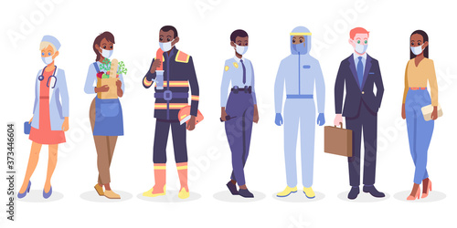 Multiethnic group of workers wearing medical mask. Colorful flat design vector illustration. People of different professions in protective medical face mask