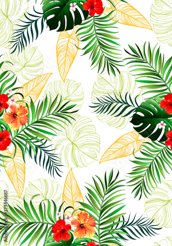 Tropical leaves  and flowes vector pattern. summer botanical illustration for clothes, cover, print, illustration design.  © Logunova  Elena