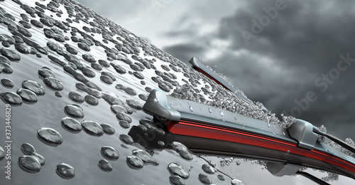 car wipers with red silicone coating sweep water from the car windshield 3d render against a cloudy sky photo