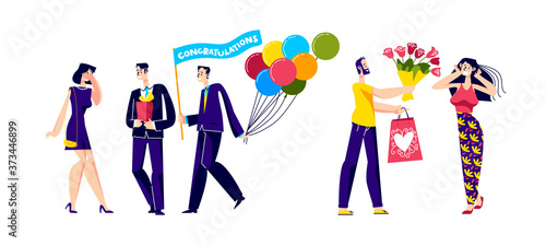 People exchanging gifts. Set of cartoon males giving presents, flowers and balloons to females