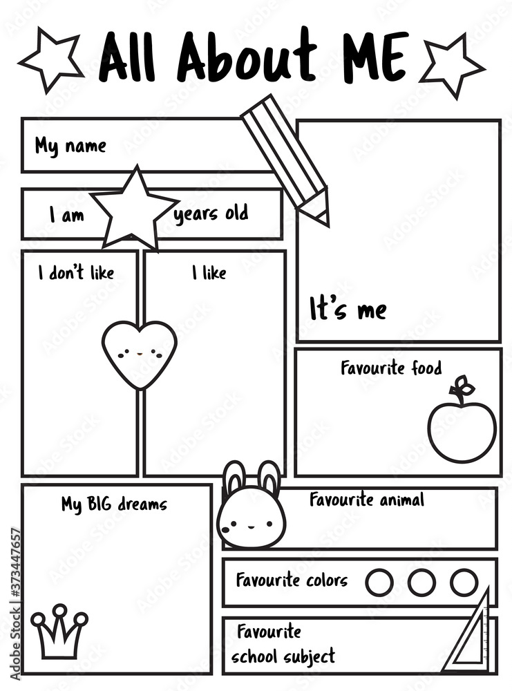 Vecteur Stock All about me printable sheet. Writing prompt for kids blank.  Educational children page. | Adobe Stock