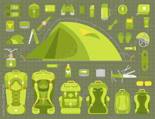 Tourism travel adventure. Camping set. Hiking equipment kit. Trekking. Flat vector green colour illustration.