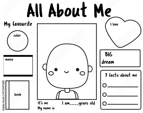 All about me printable back to school. Writing prompt for kids blank. Educational children page. photo