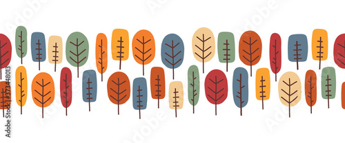 Autumn trees seamless vector border. Repeating abstract trees horizontal nature pattern various colorful forest trees. For banner, ribbon, footer, letterhead, card decor, Thanksgiving