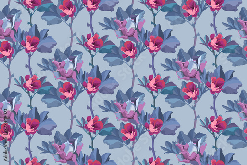 Vector floral seamless pattern. Flowers background. Small pink buds of roses, blue leaves isolated on light grey background.