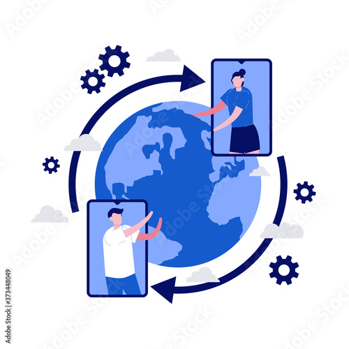 Cloud storage, data transfers on Internet from gadget to gadget with character. Modern vector illustration in flat style for landing page, mobile app, web banner, infographics, template, hero images