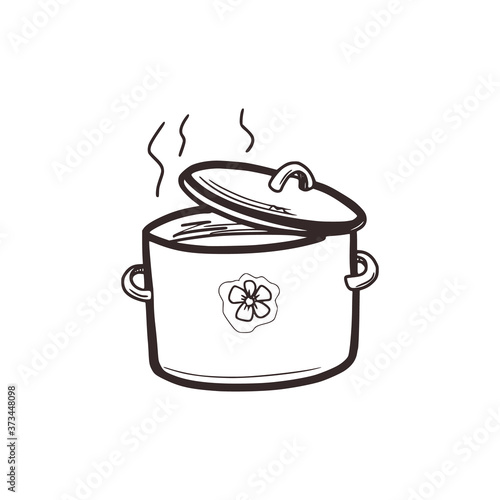Linear sketch of a hot food saucepan in doodle style.  Kitchen assistants. Cooking concept. Isolated on white background, stock vector illustration.