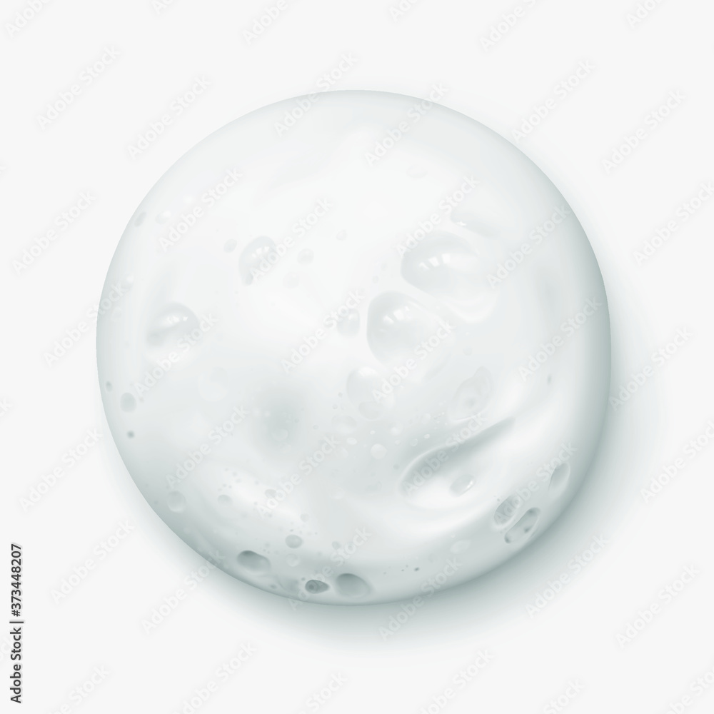 Obraz premium White foam texture from soap, shampoo or cleanser realistic vector illustration, top view. Shaving foam round spot, close-up.