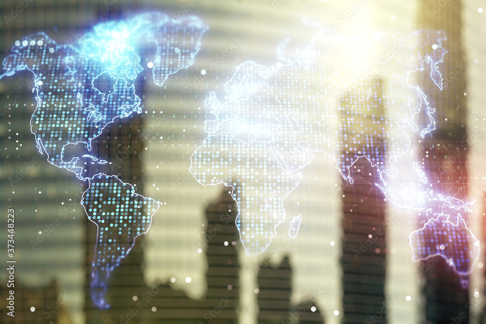 Fototapeta premium Multi exposure of abstract graphic world map hologram on blurry cityscape background, connection and communication concept