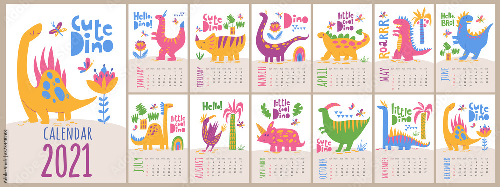 Vector 2021 calendar template with dinosaurs in kids cartoon style