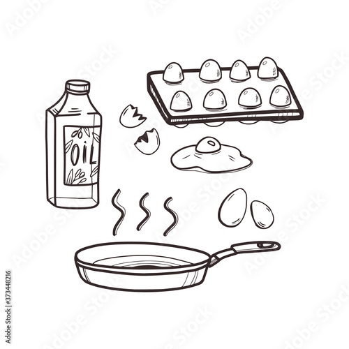 Linear sketch of cooking scrambled eggs in doodle style. Frying pan, olive oil, egg packaging. Cooking concept. Isolated on white background, stock vector illustration.