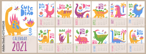 Vector 2021 calendar template with dinosaurs in kids cartoon style