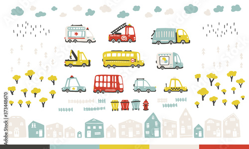Baby city cars set with cute houses and trees. Funny transport. Cartoon vector illustration in simple childish hand-drawn Scandinavian style for kids. The fire engine, ambulance, police, bus