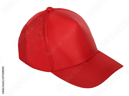 Red blank baseball cap closeup of side view on white background.