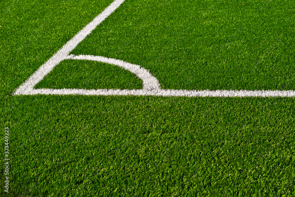 Soccer field texture close up. Grass in the stadium. Finely mown lawn for sports grounds. Straight lines are drawn in white paint. Restrictive zones at the stadium.