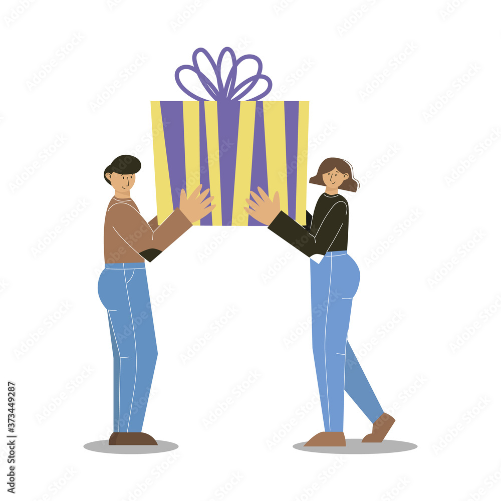 Happy man and woman with gift box. Man and woman holding a big present in arms together. Vector illustration. Happy man and woman with gift box. Man and woman holding a big present in arms together. Vector illustration.