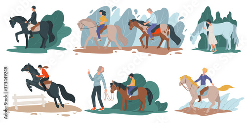 Horse riding and jockey hobby, people with stallions