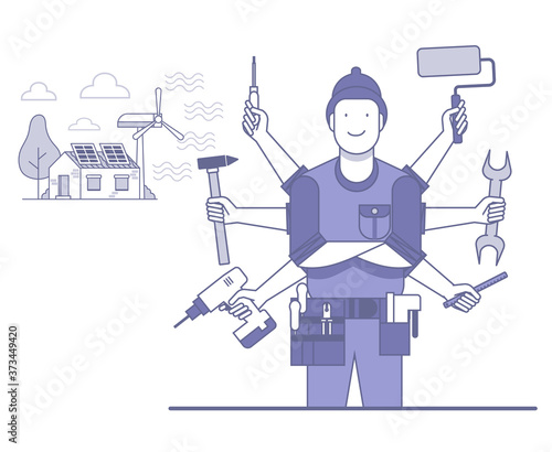 Handyman with many tools and ECO background house with solar panels and wind turbine. Document ready to animate. Flat vector design