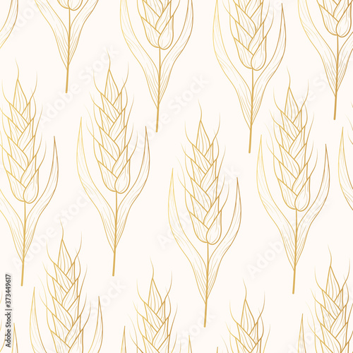 Golden seamless pattern with barley, malt, rye, wheat ears for wrapping paper. Vintage gold beer background. Vector isolated illustration.