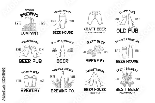 Big set of craft beer labels, emblems and badges for  brewery, beer house, company, pub. Vector illustration with vintage brand design.