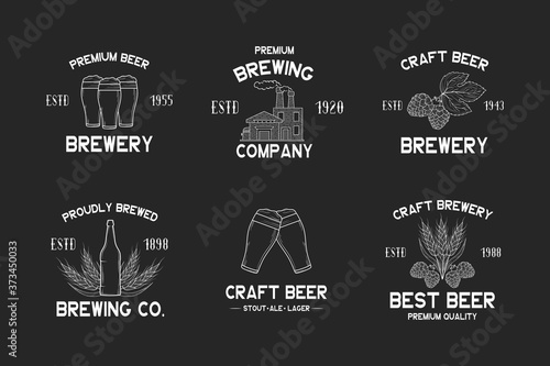 Set of brewery labels and signs. Emblems and badges for pub, bar, restaurant menu with hop, malt, barley, beer factory, bottle and glasses with foam. Vector illustration with vintage brand design.